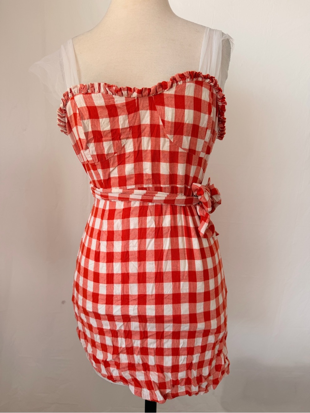 Red and White Gingham Sundress with Belted Waist